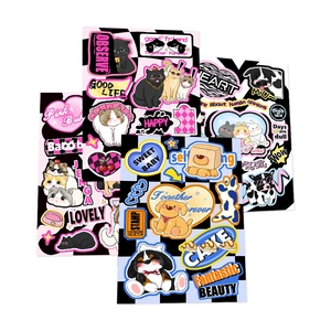 Macro view of 8 colorful American-style cat and dog stickers for DIY scrapbook journals