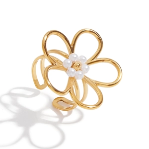 Bague fleur en or 18 carats avec perles blanches et anneau double ajustable élégant