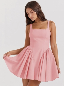 Pink backless sleeveless ruffle dress with square neck and pleated skirt for summer fashion