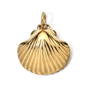 Macro shot of gold shell pendant with realistic metallic texture and top loop