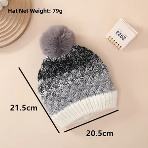 Detail view of winter knit hat with measurements and weight specifications