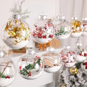 Clear PET Christmas ball ornaments with gold stars, pine needles and festive red berries