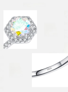 Macro detail of S925 sterling silver ring showing precise hallmark and gradient zircon inlay