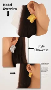 Detailed view of hip-hop style irregular texture square stud earrings in gold and silver