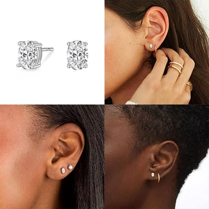 Macro view of S925 sterling silver square stud earrings with oval sparkling cubic zirconia