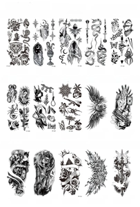 Matrix display of waterproof black and white temporary tattoo designs with various motifs