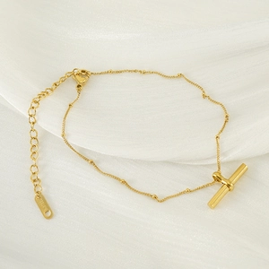 Minimalist 18K gold-plated stainless steel T-bar toggle necklace with delicate beads