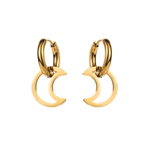 Macro detail of gold-plated stainless steel crescent moon drop hoop earrings with polished finish