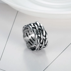 Minimalist vintage braided texture stainless steel ring in antique silver finish