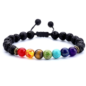Adjustable seven chakra energy bracelet with lava stones and colorful beads for yoga