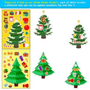 Close-up of 6 DIY Christmas tree sticker sets with teddy bears and festive ornaments
