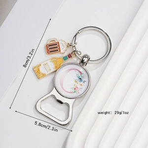 Detailed view of metal beer bottle opener keychain with dimensions 8cm by 5.8cm
