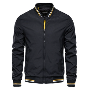 Men's black baseball jacket with windproof fabric and yellow-white striped rib cuffs