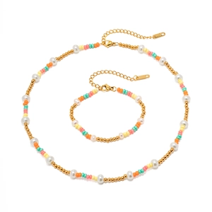 Colorful pearl and crystal bead necklace and bracelet set with gold stainless steel