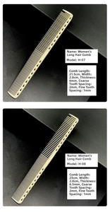 Detail view of professional hair combs with dual teeth spacing and measurement scale