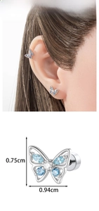 Detail view of blue zircon butterfly ear stud with screw back and 0.94cm size marking