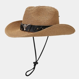 Western Cowboy Hat Straw Sun Protection Breathable Retro Bull Head Metal Decor Leather Belt Adjustable Wind String