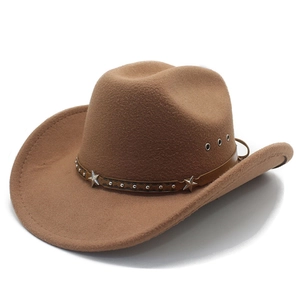 Classic brown western cowboy felt hat with leather strap and metal star details