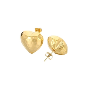 Polished gold stainless steel heart stud earrings with unique hammered texture design