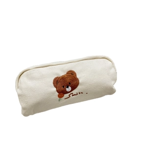 Cute bear embroidery canvas pencil case with large capacity and smile text design