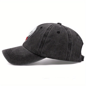 Washed dark grey denim baseball cap with vintage distressed look and 6-panel design
