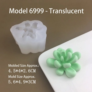 Detailed view of 3D cactus silicone mold with dimensions and finished succulent sample