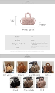 Detailed size specifications and seven color options for the fuzzy Boston handbag