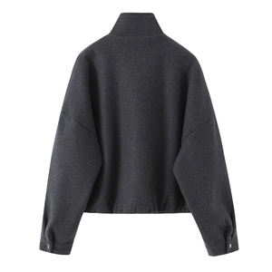 Back view of charcoal gray wool bomber jacket with stand collar and drop shoulders