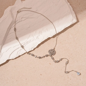 Elegant silver flower Y-shaped sweater necklace with blue water-drop zircon crystal pendant