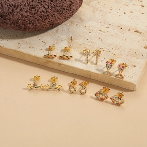 Dainty Colorful Zircon Stud Earrings Copper Gold Plated Evil Eye Arrow Star Moon Lightning Bohemian Jewelry For Women
