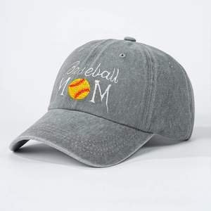 Detail of Baseball MOM embroidery with yellow softball icon on washed gray denim cap