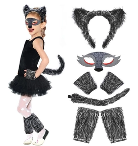 Detail of gray wolf cosplay set including furry ears headband mask and long plush tail