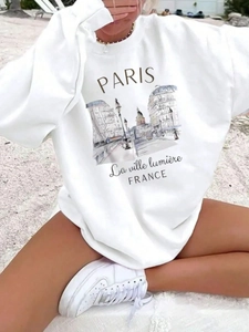 Damen Oversize-Sweatshirt in Weiß mit Paris-Grafik und Rundhalsausschnitt für Winter 2025