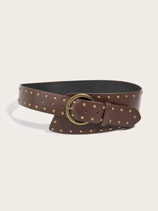 Close-up of brown punk leather belt with round golden rivets and a classic metal buckle
