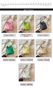Detailed grid view showcasing seven vibrant colors of the mini woven drawstring bucket bag