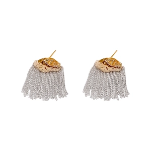 Modern two-tone tassel earrings with gold irregular studs and silver chain fringes
