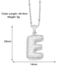 Silver letter E pendant necklace with white zircons showing size 29x14mm and 49cm chain