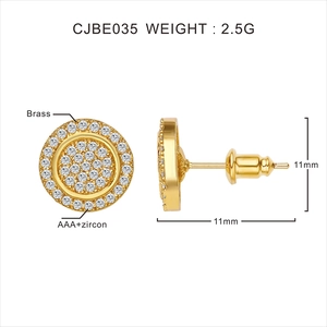 Detail of 11mm gold plated round hip hop stud earring with micro-pave AAA cubic zirconia