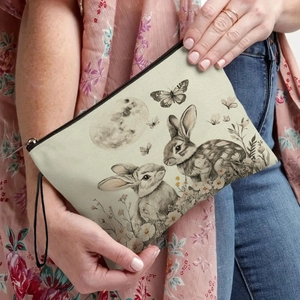 Easter rabbit canvas makeup bag with vintage floral print and top zipper closure