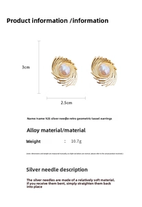 Size and specs of pearl geometric earrings measuring 3cm by 2.5cm with silver pins