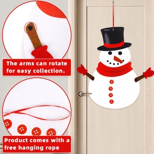 Detail of Christmas snowman hanging decor with rotating arms and red lanyards for home