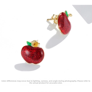 Detailed close-up of S925 silver red apple stud earrings with glitter enamel and gold leaves