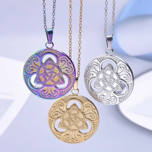 Polished stainless steel triquetra witch knot necklace pendants in rainbow, gold, and silver