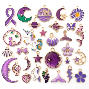 26Pcs purple enamel charms set with moon star unicorn shapes for DIY jewelry making