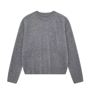 Women's dark grey crewneck knit sweater with long drop sleeves and ribbed cuffs