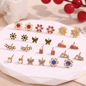 18K gold-plated stainless steel floral stud earring set with colorful zircon stones