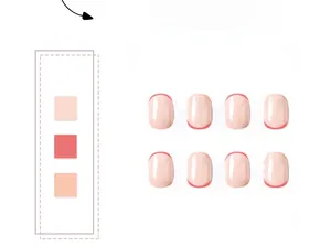 Detailed view of short round press-on nails with red French tips and nude pink base