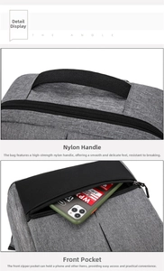 Detail of high-strength nylon handle and front zipper pocket on gray tech backpack
