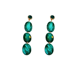 Elegant vintage gold drop earrings with emerald green oval stones in a triple link design