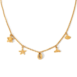 Golden stainless steel ocean themed necklace with starfish shell and turtle pendants